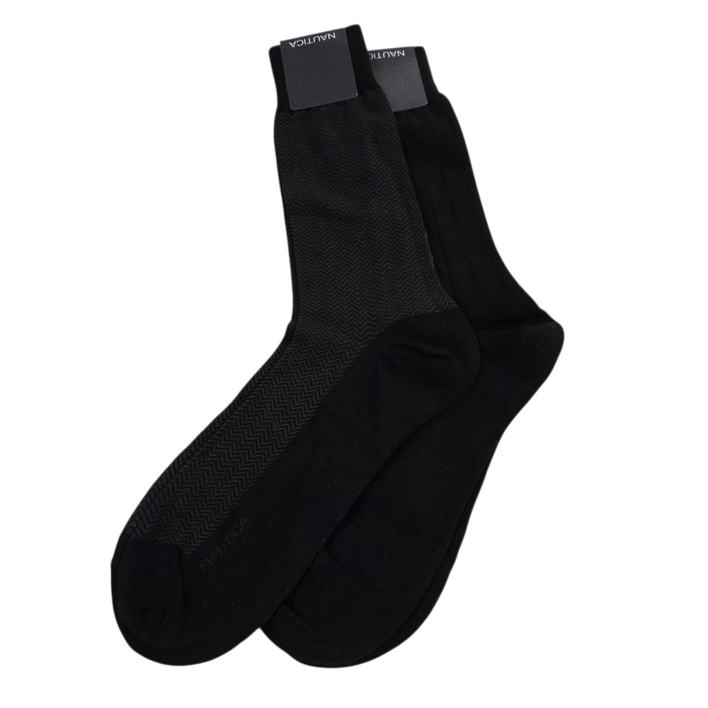 NWT Nautica Dress Socks Men 2 Pairs Black Solid Pattern Size 10-13 Combed Cotton